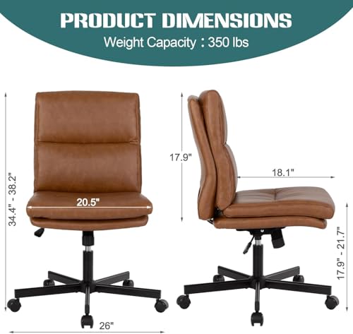 LUCKWIND Armless Office Desk Chair with Wheels, Mid-Back Criss Cross Swivel Task Chair, Height Adjustable Cushioned Vanity Chair, Double Padded PU-Leather Chairs for Home, Office & Bedroom (Brown)
