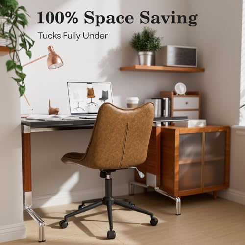 Bananister Armless Office Chair, Swivel Rolling Leather Desk Chair, Brown