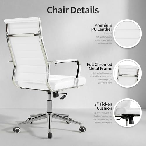 Okeysen White Office Desk Chair, Ergonomic Leather Modern Conference Room Chairs, Executive Ribbed Height Adjustable Swivel Rolling Chair for Home Office.