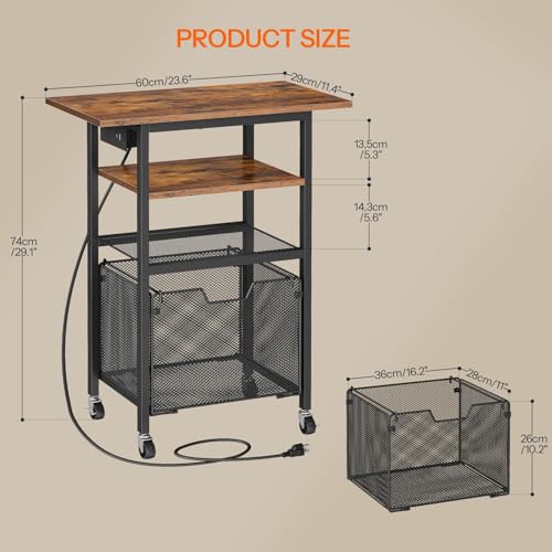 HOOBRO Printer Stand, Printer Table with Charging Station, Printer Cart with Hanging File Folder Organizer, Rolling File Cabinet Cart, Shelf for Home Office, Rustic Brown and Black BF17UPS01
