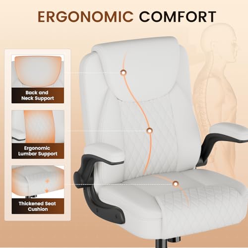 GTPLAYER Leather Office Chair, Home Desk Chair with Flip-up Arms and Ergonomic Back - Comfy Heavy Duty Executive Chair for Home Office Gaming, White