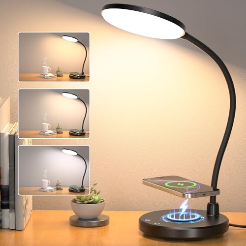 Sailstar Desk Lamp for Home Office, Small Desk Lamp with Wireless Charger, Dimmable 3 Color Modes Study Lamp, Adjustable Neck 800LM Eye-Caring Desk Light, Bedside, College Dorm, Adapter Included