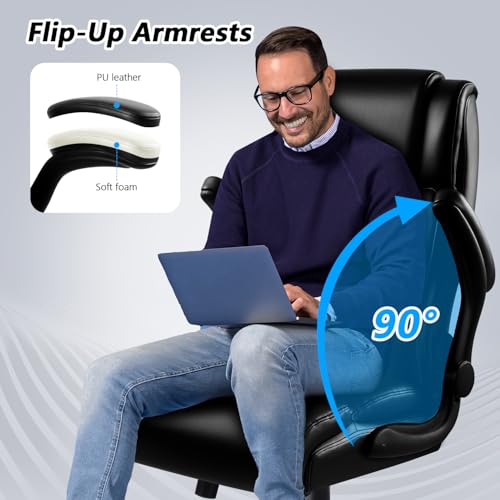 VENDORZ Office Chair, Big and Tall 400LBS Heavy Duty Executive Office Desk Chair with Flip-up Armrest, Ergonomic Swivel High Back Office Chairs with Lumbar Support, PU Leather (Black)