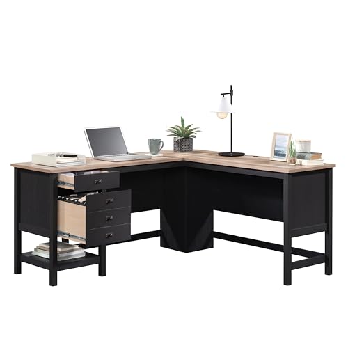 Sauder Cottage Road L Shaped Desk Computer Desk with Drawers, Home Office Desk with Optional File Cabinet Storage, Cable Management, in Raven Oak Finish