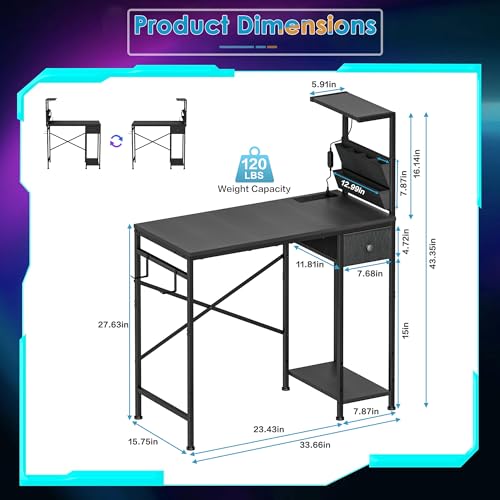 33.7 Inch Small Gaming Desk Table with LED Lights & Power Outlets, Compact L Shaped Gaming Computer Desk with CPU Stand, Drawer & Storage, Corner PC Desk for Kids, Home Office , Bedroom, Black