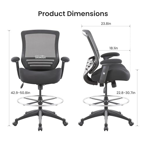 BOLISS 400lbs Mid Back Mesh Ergonomic Drafting Chair for Standing Desk Office Wide Chair Built-in Lumbar Support Big Adjustable Foot Ring Height Adjustable Armrest (Black)