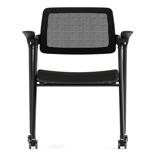 FYLICA Stackable & Foldable Office Chair Set of 2, Folding Desk Chair with Flip-Up Armrest, Breathable Mesh, Thick Seat Cushion & Rocking Backrest, Conference Room Chair with Wheel (Black)