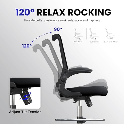 Drafting Chair Tall Office Chair for Standing Desk with Up & Down Flip-Up Armrest, 9” Adjustable Height High Desk Chair with Footrest Ring, 120° Recline Mesh Ergonomic Chair, 300 lbs