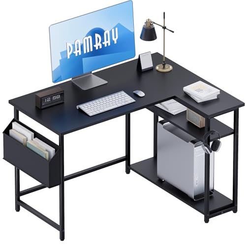 Pamray 40 Inch L Shaped Computer Desk with Reversible Side Storage Shelves, Small Corner Desk for Small Space Home Office, Writing Study Table PC Desk for Bedroom, Black