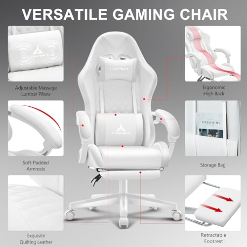 TUKAKA White Gaming Chair,Ergonomic Massage Computer Office Desk Chair with Footrest,Pocket Spring Cushion,Reclining Leather Adjustable Gamer Chair with Headrest and Lumbar Support,White
