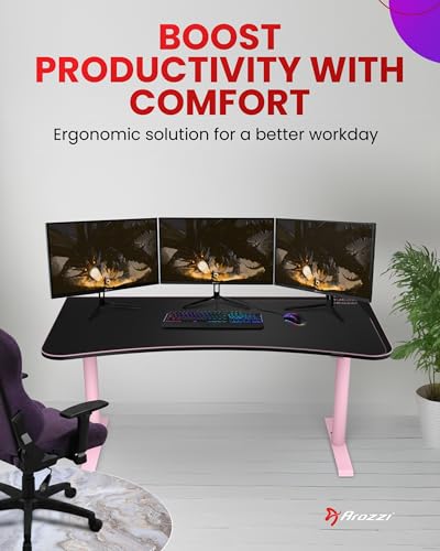 Arozzi Arena Large Gamer Desk - 63x32” Adjustable Height PC Gaming Desk with Storage for Cables & Triple-Monitor Support - Full-Surface Washable Mousepad - Pink