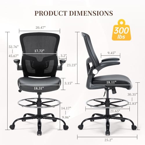 Drafting Chair, Tall Office Chair with PU Leather Seat, Ergonomic Standing Desk Chair with Lumbar Support Counter Height Office Chair with Adjustable Footrest Ring Flip-up Armrests