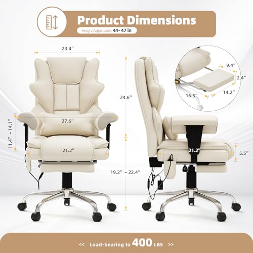 Mvpipi 7-Point Massage Office Chair,Heated Manageral Chair,Ergonomic Executive Chair with Footrest,Adjustable Armrest，Computer Chair for Offices, Study Areas, Gaming Spaces,Beige