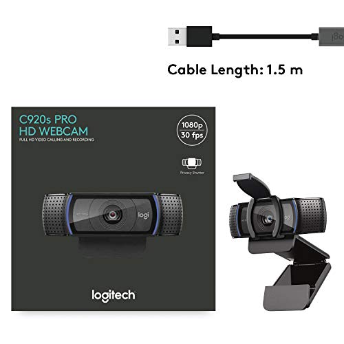 Logitech C920S HD Pro Webcam, Full HD 1080p/30fps Video Calling, Clear Stereo Audio, Light Correction, Privacy Shutter, Works with Skype, Zoom, FaceTime, Hangouts, PC/Mac/Laptop/Tablet/Xbox