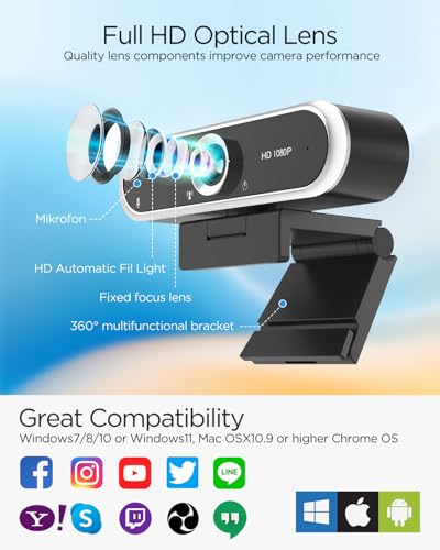 NIVEOLI Webcam 1080P with Microphone & Privacy Cover for PC/Laptop, USB Computer Camera Plug & Play with Auto Light Correction for Video Calls, Live Streaming Gaming & Online Meetings