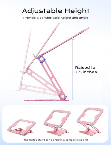 JCZT Adjustable Laptop Stand for Desk, Metal Foldable Laptop Riser, Portable Laptop Holder Mount, Ventilated Cooling Computer Notebook Stand for MacBook Air Pro, All 10-16'' Notebooks Laptops, Pink