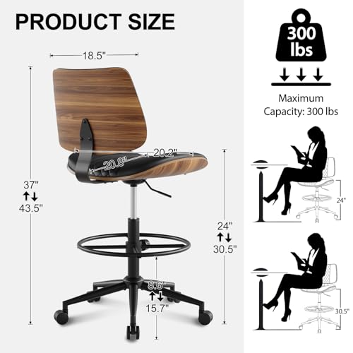 BERYTH Drafting Chair with Adjustable Footrest, Armless Modern Tall Office Chair for Standing Desk, PU Leather Swivel Stool in Curved Bentwood Style, Ergonomic Rolling Walnut Chair for Office(Black)