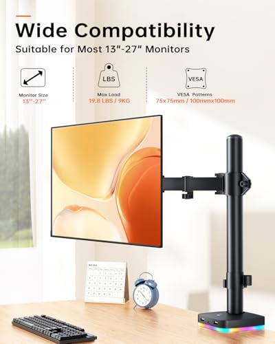 RGB Single Monitor Stand, Monitor Arm with 3 USB Ports, Charging and USB Data Transfer Function, Adjustable Desk Mount for 13"-27" Monitors up to 17.6lbs, VESA 75x75mm 100x100mm, Ergonomic Design