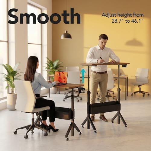 HUANUO Mobile Standing Desk with Wheels and Storage Basket, Height Adjustable 28.7"-46.1" Rolling Desk for Walking Pad, Small Space Laptop Computer Workstation for Home Office