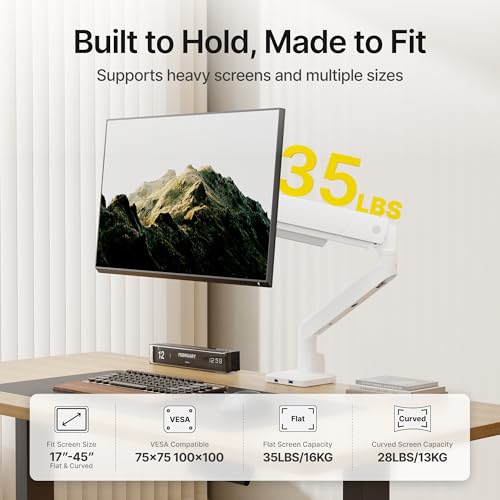 monTEK Single Monitor Arm with USB for Max 45 Inch Ultrawide Screens Adjustable Monitor Desk Mount Holds 35 Lbs Cable Management with C Clamp/Grommet Desk Mount, VESA 75/100mm