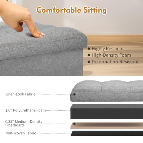 Storage Ottoman with Extra Thick Foam Padded Seat, Foldable Foot Rest Stool with Linen Fabric, 43L Ottoman with Storage Bench for Bedroom Living Room, Holds Up to 300lbs, 17x13x13in, Dark Gray