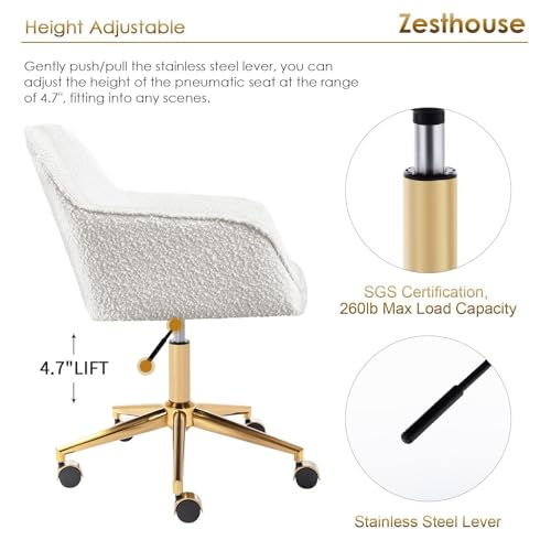 Zesthouse Modern Desk Chair with Wheels, White Swivel Vanity Chair for Girls Women, Upholstered Home Office Chair Boucle Armchair for Bedroom, Height Adjustable Computer Task Chair, Gold Base
