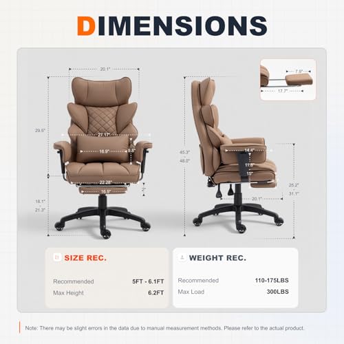 Dowinx Big and Tall Office Chair with Pocket Spring Cushion,High Back Computer Gaming Chairs with Adjustable Armrests,Executive Desk Chairs with Lumbar Support and Footrest,PU Leather-Brown
