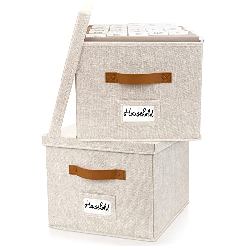 Decorative File Organizer Box Set of 2 - Collapsible Linen Filing Cabinets with Handles Are Perfect to Store All Your Documents & Hanging File Folders - Portable Easy Slide Office Crates with Lid