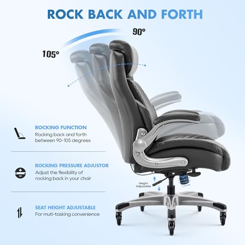 COLAMY Office Ergonomic Desk High Back Executive Chair with Pop-Out Lumbar Support, Upgraded Casters, Adjustable Headrest, Flip-Up Arms, Leather Home with Thick Cushion for Comfort - Black
