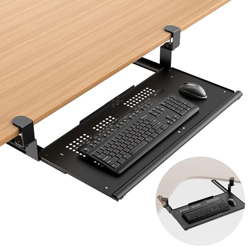 Strifuture Keyboard Tray Under Desk - Full Metal Slide Out Holder, Rust-Resistant & Scratch-Proof, Double C-Clamps, 26x13" Tray for L Shape/Regular Desks, Standing/Sitting Workstation(Black-B)
