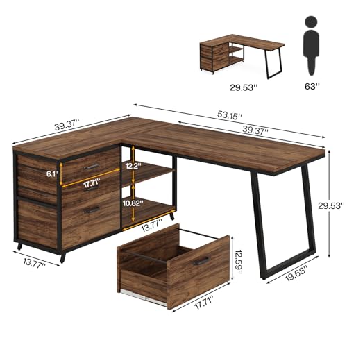Tribesigns L-Shaped Computer Desk with 3 Drawers, Reversible Corner Home Office Desk with Shelves, 53-Inch Industrial PC Desk Study Writing Table Workstation for Small Space, Rustic Brown