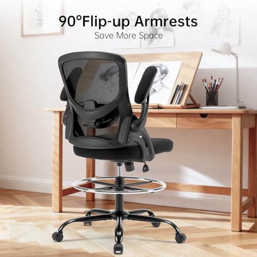 Heromate Drafting Chair Ergonomic Comuputer Standing Desk Chair with Flip-Up Arms and Lumbar Support, Tall Office Chair with Adjustable Footrest, Stool Counter Height Office Chairs Black