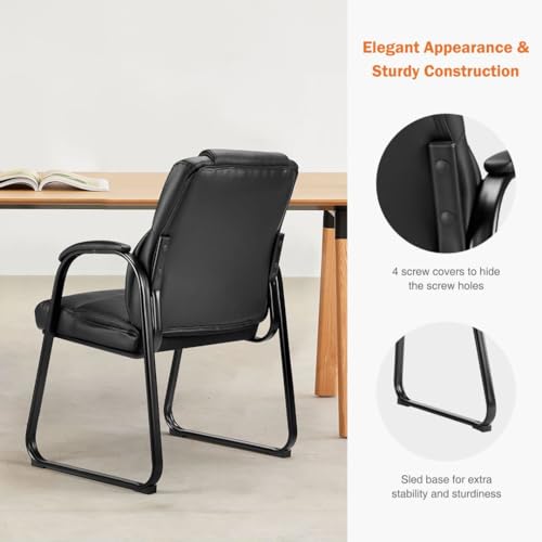 UOCFYK PU Leather Conference Room Chair, Tall Back Chairs with with Padded Arms and No Wheels, Guest Chairs of 2 for Reception Waiting Room Black