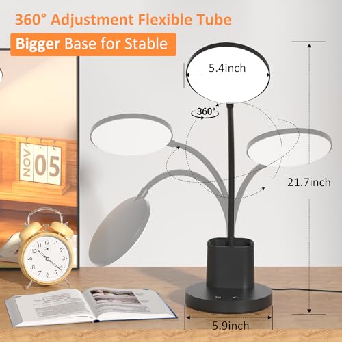 Vicsoon Desk Lamp, LED Desk Lamps for Home Office, Touch Table Lamp with 3 Color Modes 360° Adjustable Arm, Dimmable Desk Light with Pen Phone Holder for College Dorm, Black