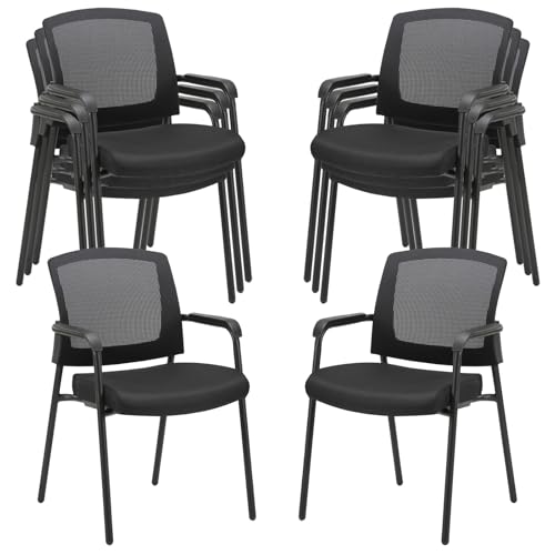 CLATINA Black Stacking Chairs Stackable Waiting Room Chairs with Armrest, Mesh Office Reception Guest Chair for Home Desk Conference Lobby Church Medical Meeting Training Ergonomic, Set of 8