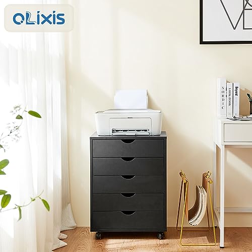 OLIXIS 5 Drawer Mobile File Cabinet Under Desk Storage Organization with Wheels Vertical Filing Chest Rolling Wood Small Desk Printer Stand for Home Office, 15.75"D x 18.74"W x 25.39"H, Black