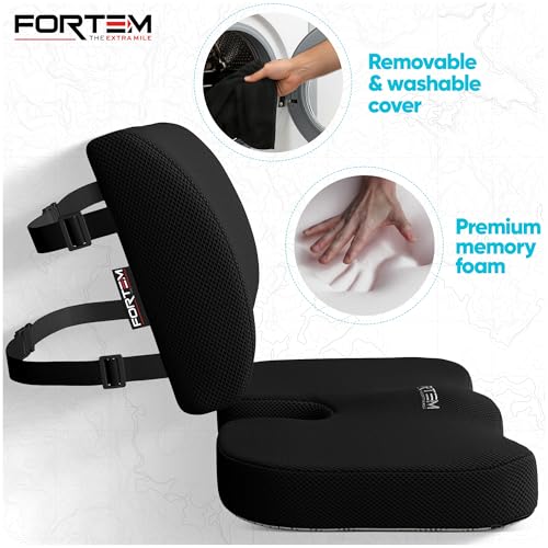 FORTEM Seat Cushion, Office Chair Cushion, Lumbar Support Pillow for Office Chair, Memory Foam Car Seat Cushions, Sciatica Coccyx Tailbone Pain Relief, Cushions for Back Support, Washable, Non Slip