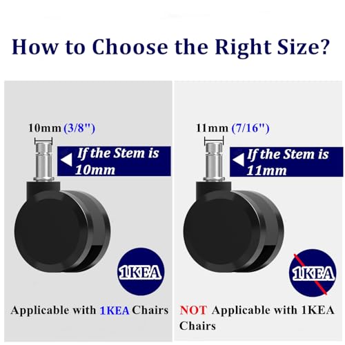 Office Chair Wheels 10mm Stem, 2.36"(60mm) Casters Compatible with 1KEA Chairs ONLY, 10mm(3/8") x22mm(7/8") Stem Replacement Chair Casters for Carpet and Hardwood Floors(Set of 5)