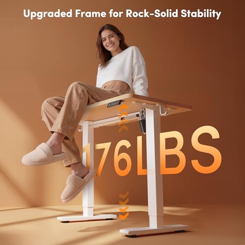 Cubiker Standing Desk, 32" Small Sit Stand Home Office Desk, Electric Stand up Desk, Adjustable Desk with Splice Board, White Frame/Maple Top