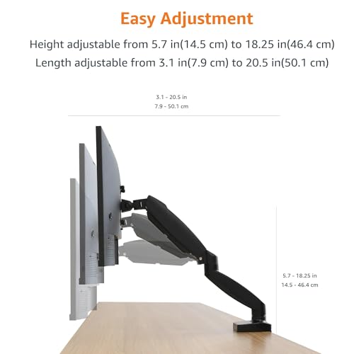 Amazon Basics Gas Spring Single Computer Monitor Arm Desk Mount, Adjustable, Holds up to 27" Monitors, Black