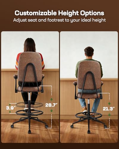 Marsail Ergonomic Drafting Chair for Standing Desk, 330lbs Heavy Duty Tall Office Chair with Adjustable Foot Ring & Flip-Up Arms, Comfort Brown Leather, 3.5" Thick Cushion