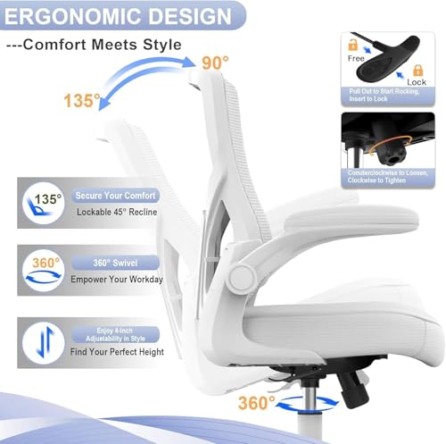 QLTPLUS Office Chair for Long Hours & Lower Back Pain Relief – 4" Thick Molded Foam Cushion, Padded Lumbar Support and Flip-up Armrests, Ideal for Office or Study (Modern, White)