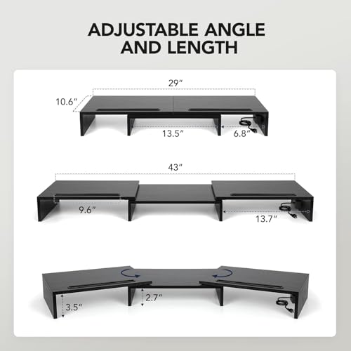 HUANUO Dual Monitor Stand -Monitor Stand with USB ports ,Adjustable Length and Angle, Dual monitor riser w/ Desktop Socket, Monitor Stand Riser for PC, Computer, Laptop (Black)