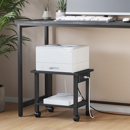 TUTOTAK 2 Tier Printer Stand, Rolling Printer Cart with Power Outlets and USB Ports, Mobile Printer Table with Wheels, for Under Desk, Office, Home, Black PS01BK001