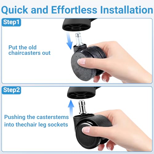 2 Inch Office Chair Casters Wheels Heavy Duty, 5 pcs Chair Wheel Replacement, Mute Rubber Rotating Desk Chair Wheels for All Floor, Smooth & Quiet Caster, Universal Standard Stem Size Fits 99%