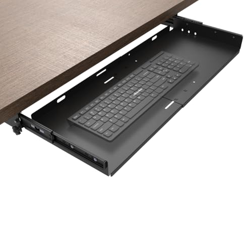 JINGCHENGMEI Sliding Keyboard Tray Under Desk, Pull-Out Keyboard and Mouse Tray, 27 x 9.8 inches Large Platform Slide-Out Computer Drawer for Typing, Metal, Black