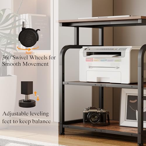 Unionly Large Printer Stand with Adjustable Shelf, 3-Tier Rolling Printer Cart with Wheels, Heavy-Duty Wood Printer Table for Home Office, Heat Press and Laser (Rustic Brown)