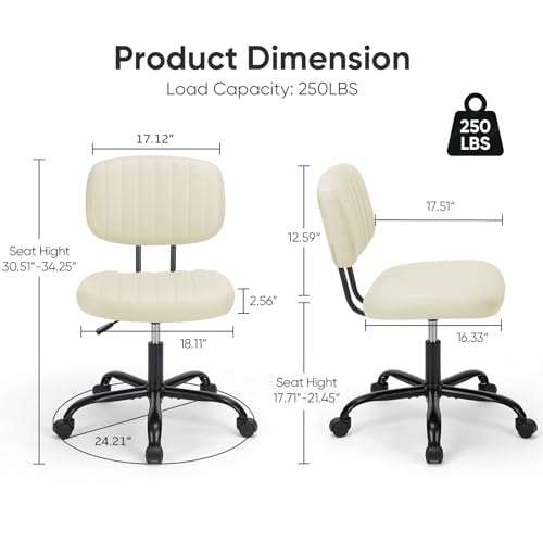 DUMOS Armless Home Office Executive Chair - Small Desk Chair with Low Back Lumbar Support, Height Adjustable PU Leather Computer Task Chair with 360° Swivel Wheels, for Adults, Beige