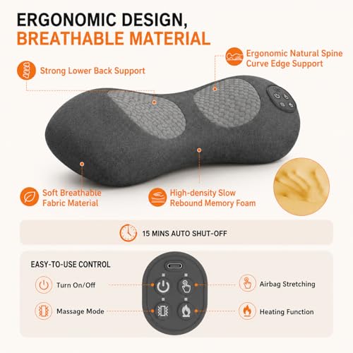 Upgraded Cordless Lumbar Support Pillow for Pain Relief Deep Tissue, 3-in-1 Heated Lower Back Massager Pillow with 3000mAh Battery, Heat, Massage, Electric Stretch, Back Support Pillow for Chair Car