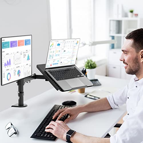 WALI Monitor and Laptop Mount, Dual Monitor Stand with Laptop Tray Fit Computer Screens up to 32”, Laptop Desk Mount with Notebook up to 17”